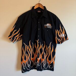 HARLEY DAVIDSON Mens M Screaming Eagle Flames Black Racing Button Shirt REPAIRED